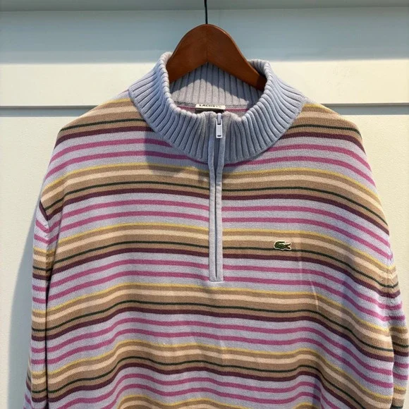 Lacoste 100% Cotton Striped 1/4 Quarter Zip Sweater Men XXL (7) Pastel Y2K Prep - Picture 3 of 12